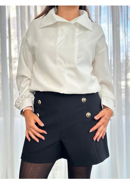 Matilda Garnili Çıtçıt Yaka Beyaz Bluz