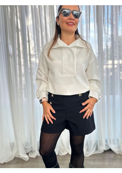 Matilda Garnili Çıtçıt Yaka Beyaz Bluz