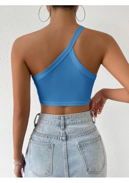 Asimetrik Yaka Mavi Renk Desensiz Fitilli Kolsuz Tek Omuz Askılı Likralı Fit Crop Büstiyer