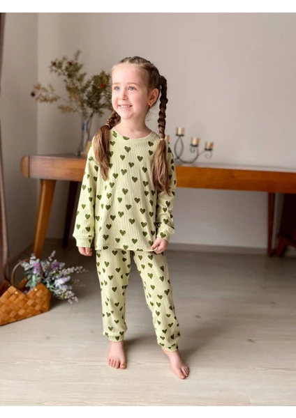 Nina Kids  Pamuk Kalp Baskılı Fitilli Kız Pijama Takımı Yeşil - 4-5