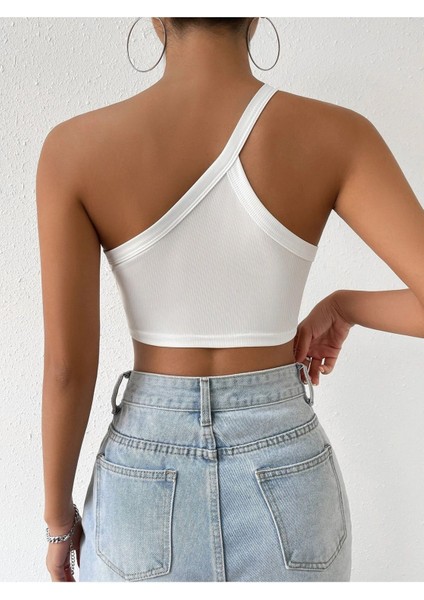 Asimetrik Yaka Beyaz Renk Desensiz Fitilli Kolsuz Tek Omuz Askılı Likralı Fit Crop Büstiyer