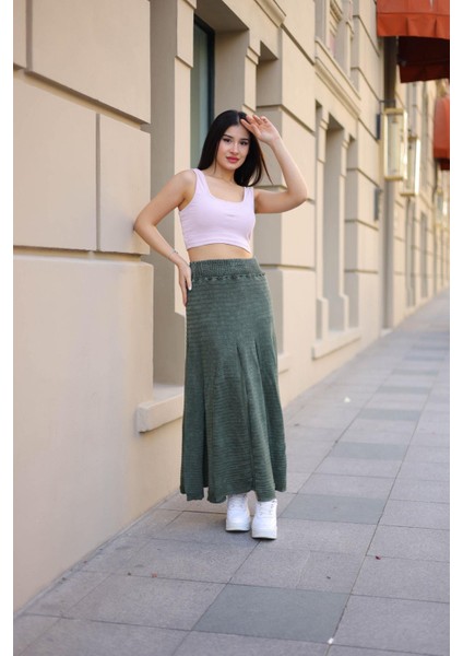 Bohem Yıkamalı Parçalı Beli Lastikli Astarlı Uzun Koton Etek