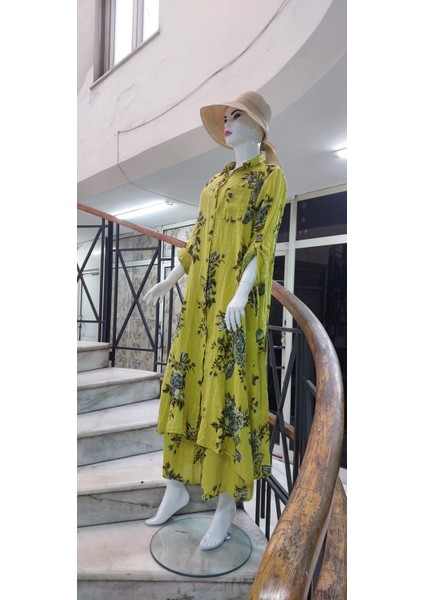 Italyan Gömlek Yaka Uzun Kol Dijital Çiçek Baskılı Keten Elbise-Pantolon (2'li Takım)