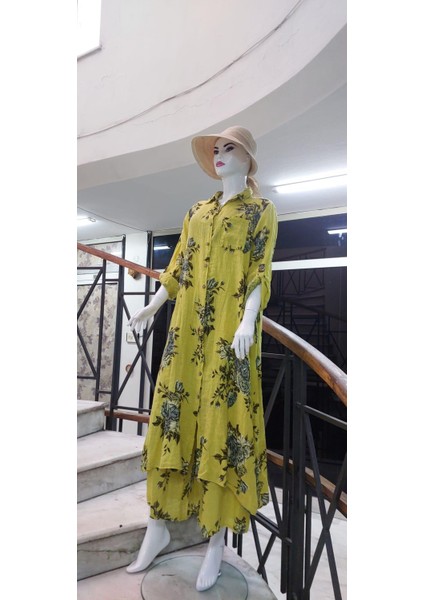 Italyan Gömlek Yaka Uzun Kol Dijital Çiçek Baskılı Keten Elbise-Pantolon (2'li Takım) fiyatları