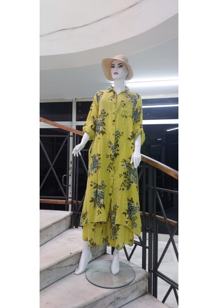 Italyan Gömlek Yaka Uzun Kol Dijital Çiçek Baskılı Keten Elbise-Pantolon (2'li Takım) modelleri