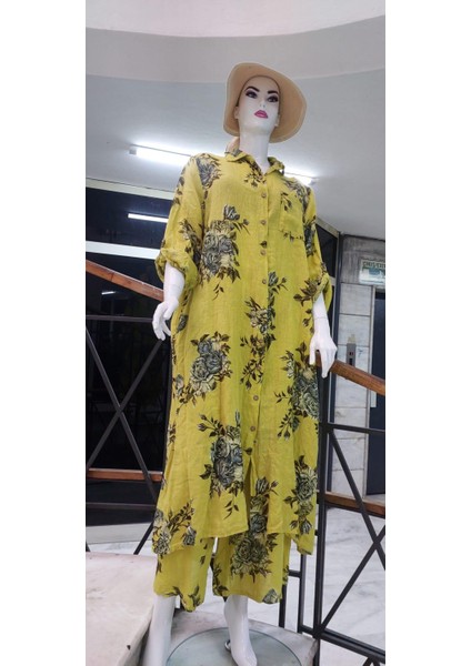 Italyan Gömlek Yaka Uzun Kol Dijital Çiçek Baskılı Keten Elbise-Pantolon (2'li Takım) fırsatları