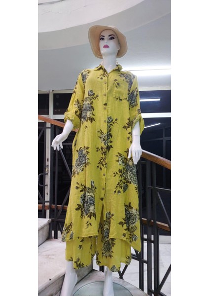 Italyan Gömlek Yaka Uzun Kol Dijital Çiçek Baskılı Keten Elbise-Pantolon (2'li Takım) indirimleri