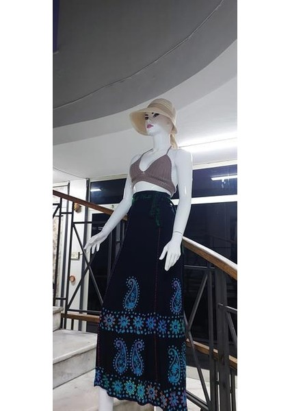 Hint Batik Çiçek Desenli ve Işlemeli Uzun Hint Anvelop Etek