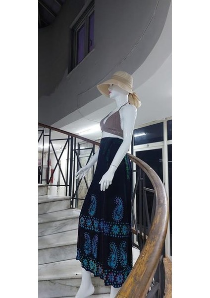 Hint Batik Çiçek Desenli ve Işlemeli Uzun Hint Anvelop Etek