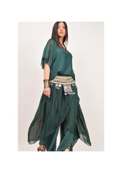 Asimetrik Kapaklı Ipek Şalvar Pantolon - Yarasakolllu Ipek Bluz Takım
