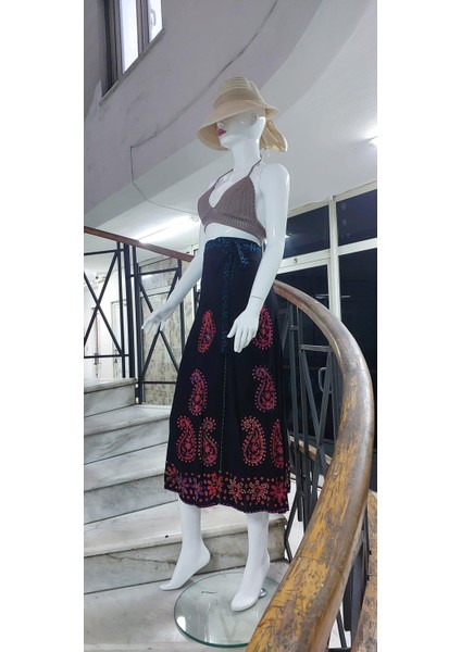 Hint Batik Çiçek Desenli ve Işlemeli Uzun Hint Anvelop Etek