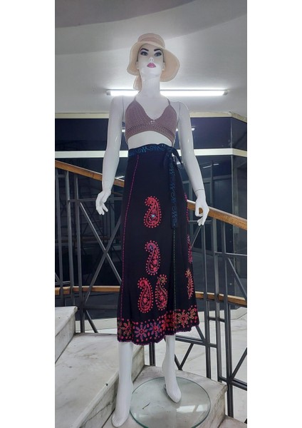 Hint Batik Çiçek Desenli ve Işlemeli Uzun Hint Anvelop Etek