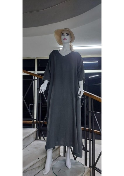 Italyan V Yaka Uzun Kol Keten Elbise