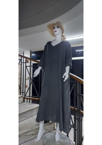 Italyan V Yaka Uzun Kol Keten Elbise fiyatları