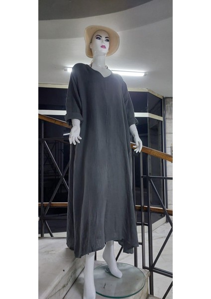 Italyan V Yaka Uzun Kol Keten Elbise modelleri