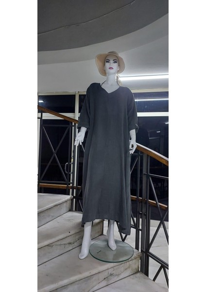 Italyan V Yaka Uzun Kol Keten Elbise indirimleri