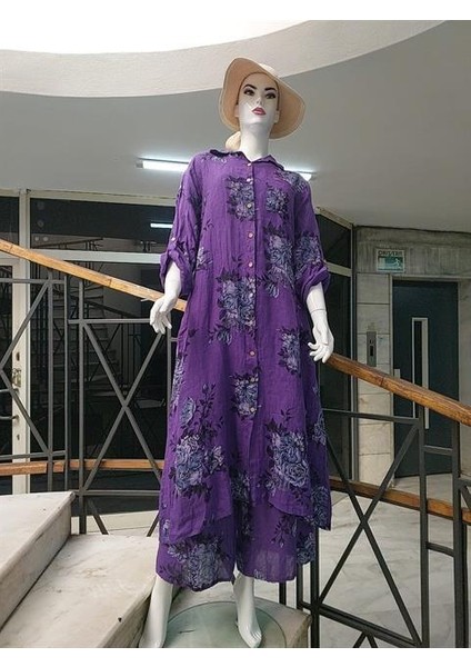 Italyan Gömlek Yaka Uzun Kol Dijital Çiçek Baskılı Keten Elbise-Pantolon (2'li Takım) modelleri