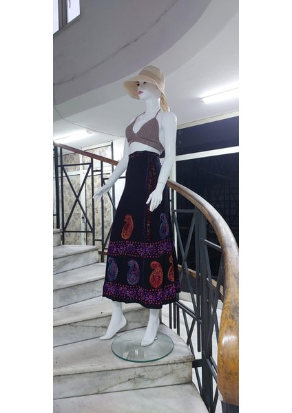 Hint Batik Çiçek Desenli ve Işlemeli Uzun Hint Anvelop Etek