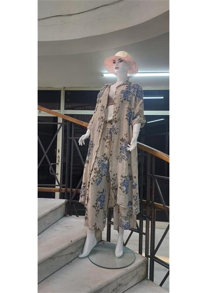 Italyan Gömlek Yaka Uzun Kol Dijital Çiçek Baskılı Keten Elbise-Pantolon (2'li Takım)