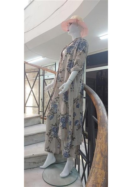 Italyan Gömlek Yaka Uzun Kol Dijital Çiçek Baskılı Keten Elbise-Pantolon (2'li Takım) fiyatları