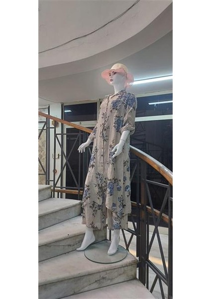 Italyan Gömlek Yaka Uzun Kol Dijital Çiçek Baskılı Keten Elbise-Pantolon (2'li Takım) fırsatları