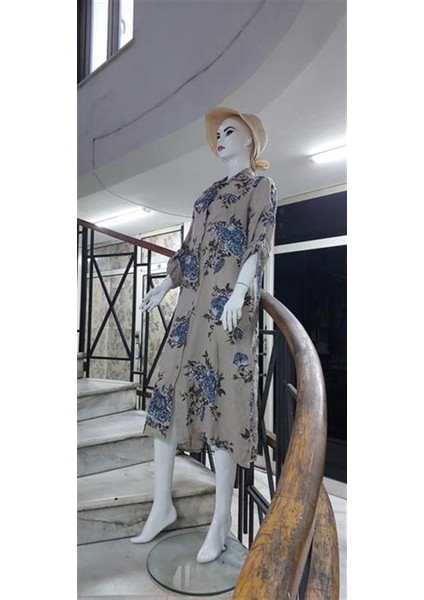 Italyan Gömlek Yaka Uzun Kol Dijital Çiçek Baskılı Keten Elbise-Pantolon (2'li Takım) indirimleri