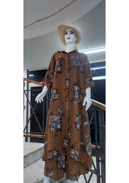 Italyan Gömlek Yaka Uzun Kol Dijital Çiçek Baskılı Keten Elbise-Pantolon (2'li Takım)