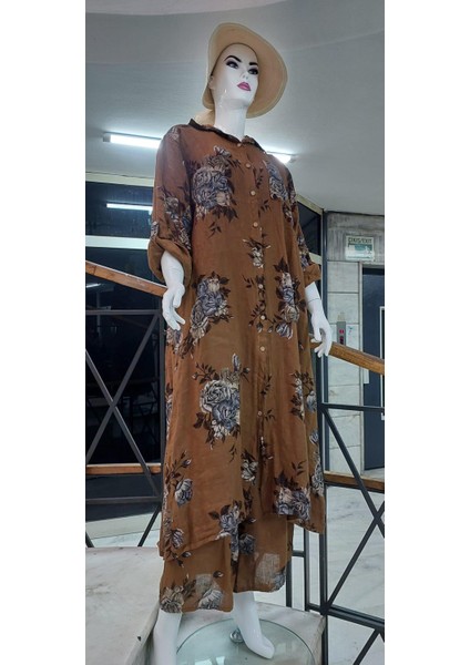 Italyan Gömlek Yaka Uzun Kol Dijital Çiçek Baskılı Keten Elbise-Pantolon (2'li Takım) modelleri