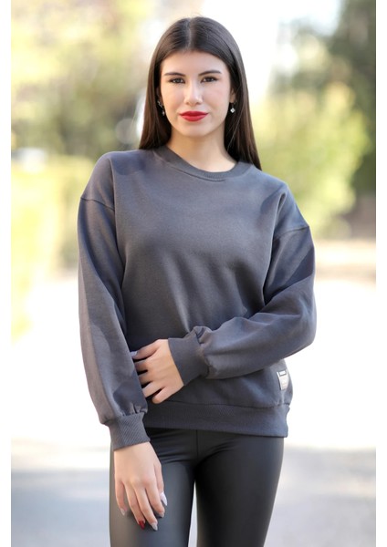 Kadın Füme Bisiklet Yaka Süs Etiket Baskılı Sweatshirt - 25169