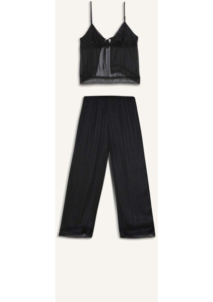 Tül Pijama Takımı Askılı Dantelli Üst Beli Lastikli Uzun Alt-Fall in Love D8684AX24WN