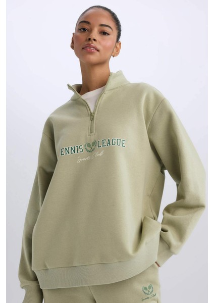 Fit Oversize Geniş Kalıp Fermuarlı Dik Yaka Baskılı Kalın Spor Sweatshirt E5703AX24WN