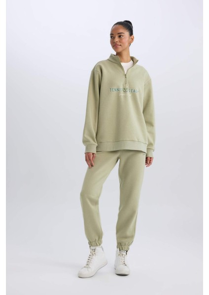 Fit Oversize Geniş Kalıp Fermuarlı Dik Yaka Baskılı Kalın Spor Sweatshirt E5703AX24WN