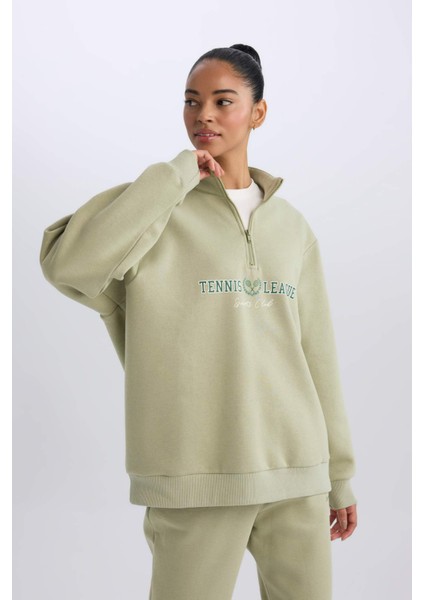 Fit Oversize Geniş Kalıp Fermuarlı Dik Yaka Baskılı Kalın Spor Sweatshirt E5703AX24WN