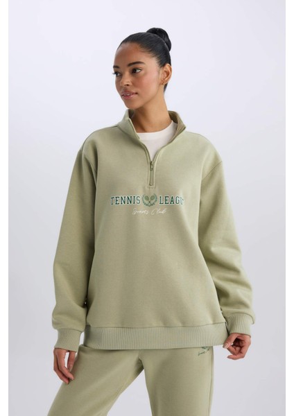 Fit Oversize Geniş Kalıp Fermuarlı Dik Yaka Baskılı Kalın Spor Sweatshirt E5703AX24WN