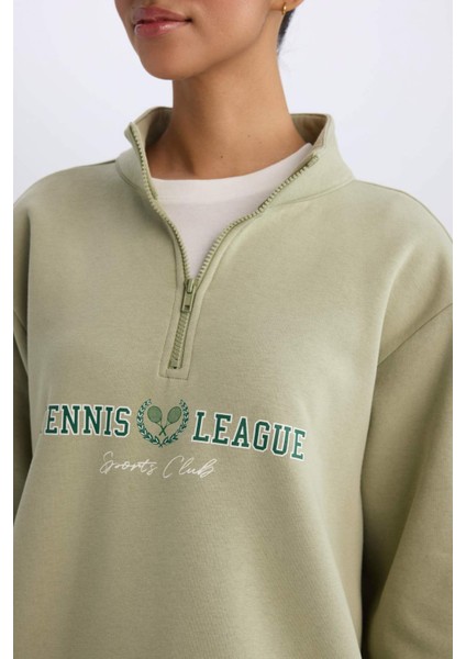 Fit Oversize Geniş Kalıp Fermuarlı Dik Yaka Baskılı Kalın Spor Sweatshirt E5703AX24WN