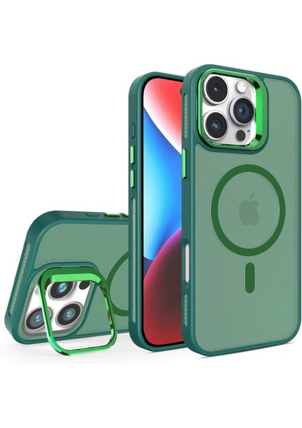 iPhone 16 Pro Max Lensli Pencere Standlı Lens Magsafe Kapak - Koyu Yeşil