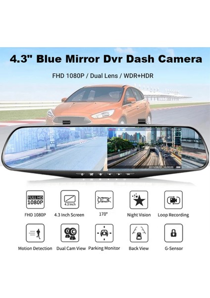4.3 Inç Araç Içi Kamera Sürüş Kaydedici Hd 1080P Döngüsü Ayna Dvr Araç Içi Kamera Çift Lensli Video Kaydedici Araba Dvr'ı Araç Içi Kamera (Yurt Dışından)