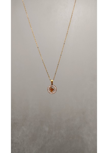 Kadın Çelik Taşlı Minimal Kalp Altın Gold Renk Kolye