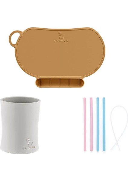 Bebek Dökülmeyi Önleyen Beslenme Seti Beslenme Matı Alıştırma Bardağı Pipet Kahverengi fiyatları