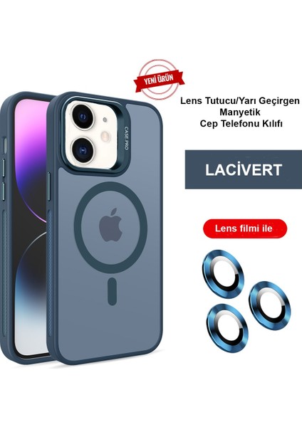 iPhone 11 Kılıf Lensli Pencere Standlı Lens Magsafe Kapak - Lacivert