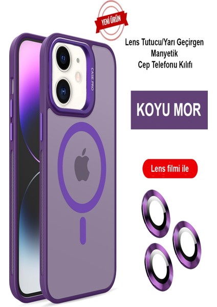 iPhone 12 Lensli Pencere Standlı Lens Magsafe Kapak - Derin Mor