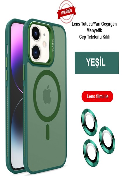 iPhone 12 Lensli Pencere Standlı Lens Magsafe Kapak - Koyu Yeşil