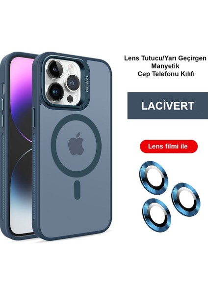 iPhone 15 Pro Max Kılıf Lensli Pencere Standlı Lens Magsafe Kapak - Lacivert