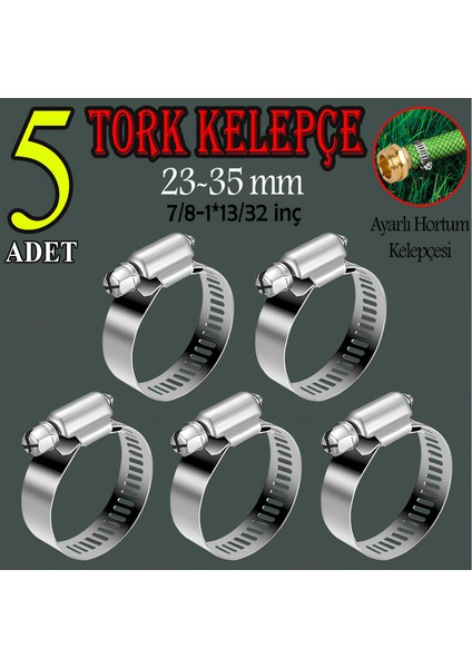 Hortum Kelepçesi Tork Ayarlı 23X35 mm Paslanmaz Çelik Boru Metal Kelepçe Ayarlanabilir Klips 5 Adet