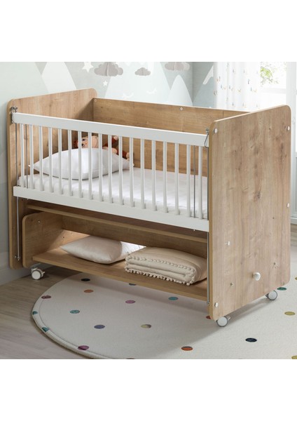 BW1091 - Pratik Sallanır Tekerlekli Anne Yanı Bebek Beşik Ahşap 60x120