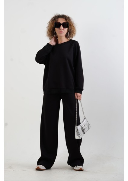 Siyah O Yaka Triko Detay Modal Sweatshirt Pantolon Takım fiyatları