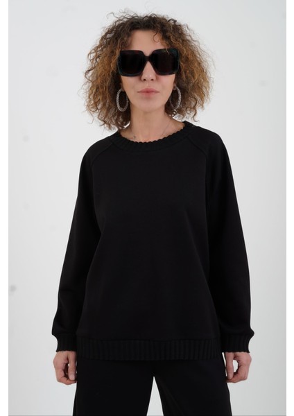 Siyah O Yaka Triko Detay Modal Sweatshirt Pantolon Takım modelleri