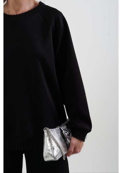 Siyah O Yaka Triko Detay Modal Sweatshirt Pantolon Takım indirimleri