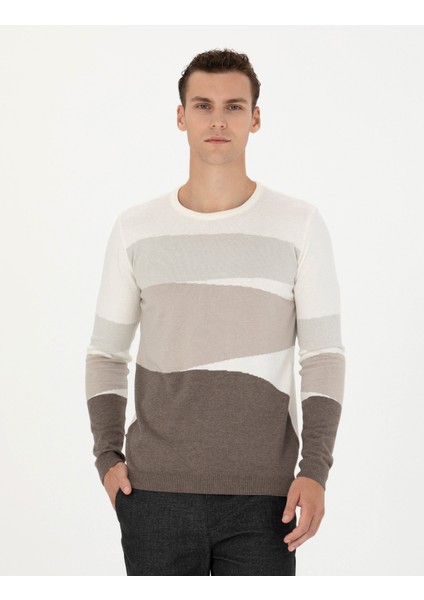 Erkek Ekru Slim Fit Bisiklet Yaka Triko Kazak 50278105-VR019 modelleri