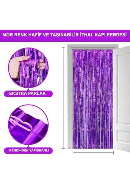 Nessiworld Mor Renk Ekstra Metalize Parlak Saçaklı Arka Fon Perde Ithal Kalite 1 x 2 Metre